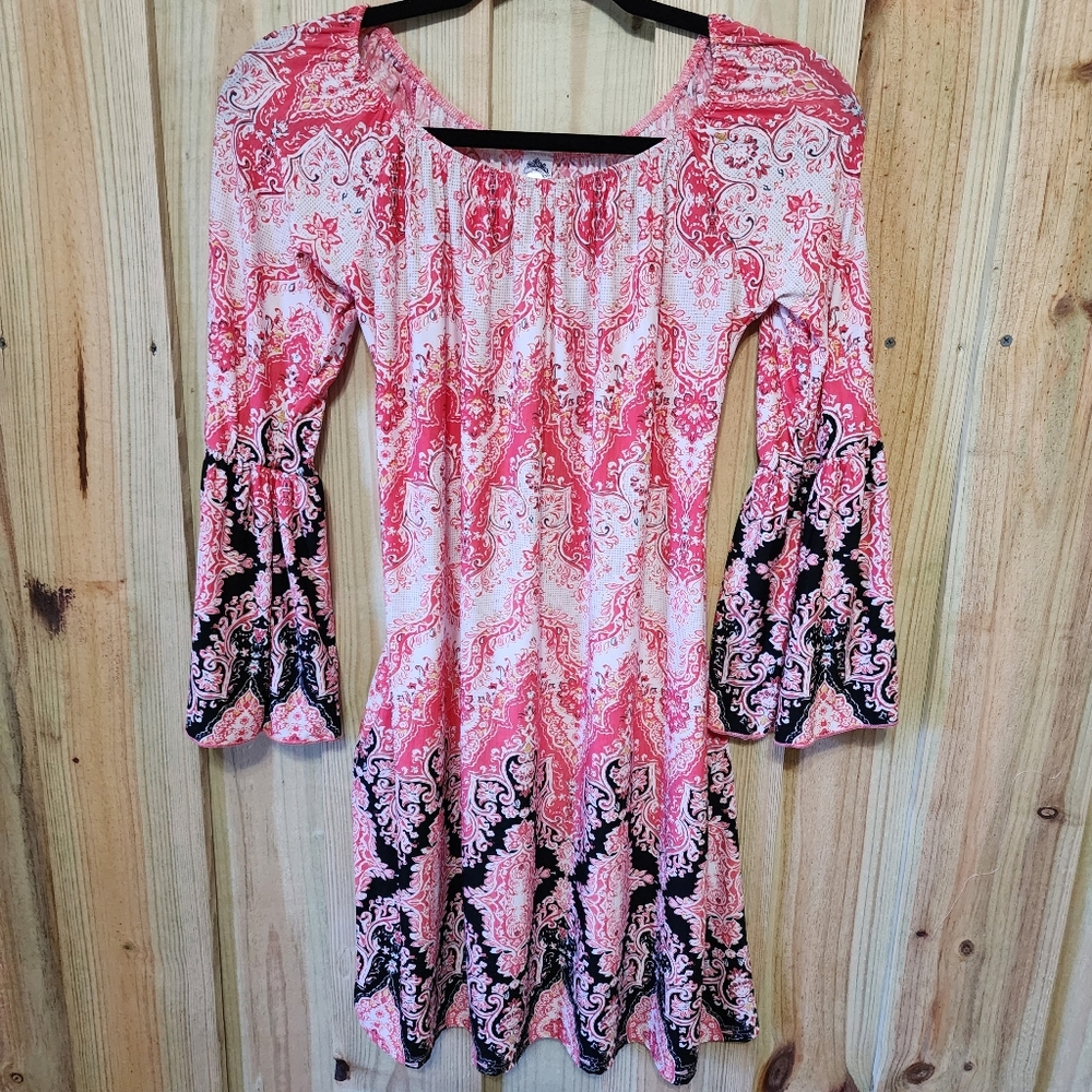 Honey Me - Pink and Black Casual Sundress with Bishop Sleeves.